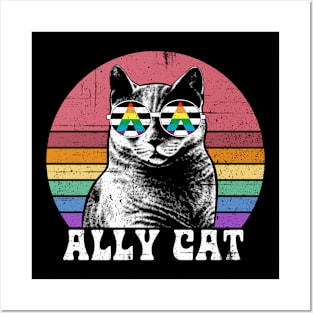 Ally Cat LGBT Rainbow Pride with Cool cat face wearing sunglasses Posters and Art